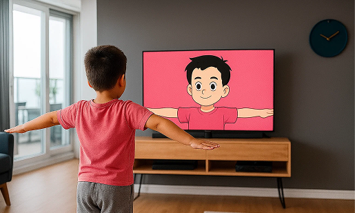 Child exercising with animated character