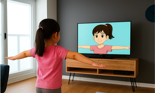 Child doing yoga with animated character