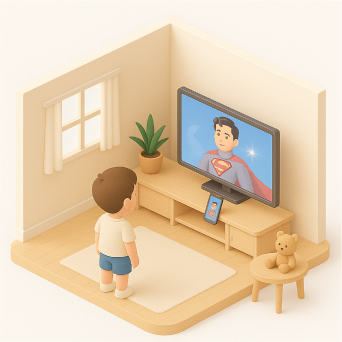 Child watching superhero on TV in living room